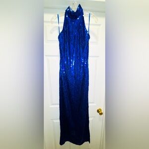 Laurence Kazar Vintage Iridescent Blue Sequin High Halter Neck Racerback Gown!